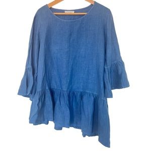 Bryn Walker Blue asymmetrical 100% linen blouse
